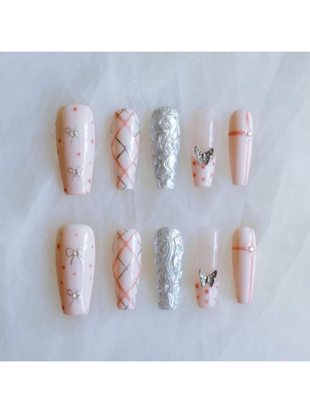 Long Ballerina Press-On Nails, Pink 3D Butterfly & Bow Design, Handmade Set of